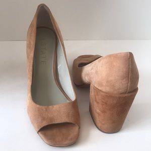 Camel Suede Open Toe, Block Heel Pump